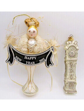Two Ornaments Kurt Adler 2001 Mystique with Box and Grandfather Clock
